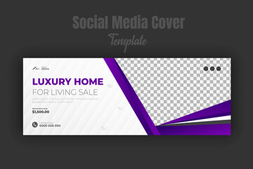 Modern and luxury house for sale social media post design template, real estate company property business promotion timeline cover, web banner, ad discount template with abstract colorful shapes