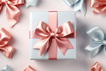 Square gift box with silk glossy bow ribbon. Pastel color palette, copy space. Promotion banner for advertising company. Generative AI 3d render illustration.