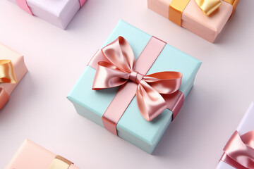 Fototapeta na wymiar Square gift box with silk glossy bow ribbon. Pastel color palette, copy space. Promotion banner for advertising company. Top view. Generative AI 3d render illustration.