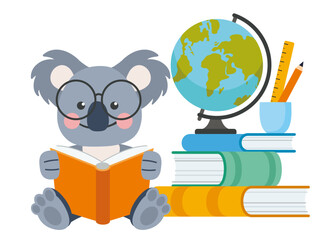 Cute cartoon koala reading book near stack of books, globe and stationery. Animals back to school. Isolated illustration in flat style. 