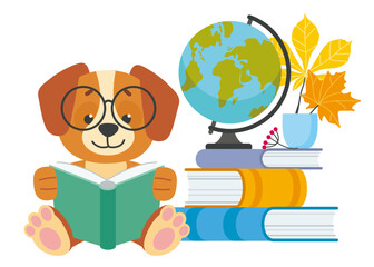 Cute cartoon puppy reading book near stack of books, globe and autumn leaves. Animals back to school. Isolated illustration in flat style. 