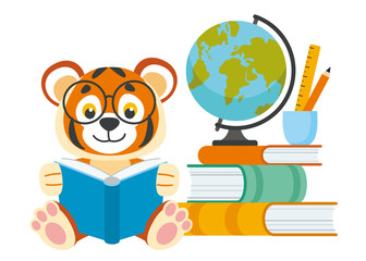 Cute cartoon tiger cub reading book near stack of books, globe and stationery. Animals back to school. Isolated illustration in flat style. 