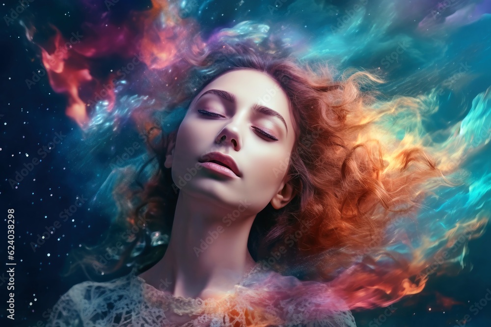 Wall mural ethereal and mesmerizing woman portrait in a galaxy environment created with generative ai technolog