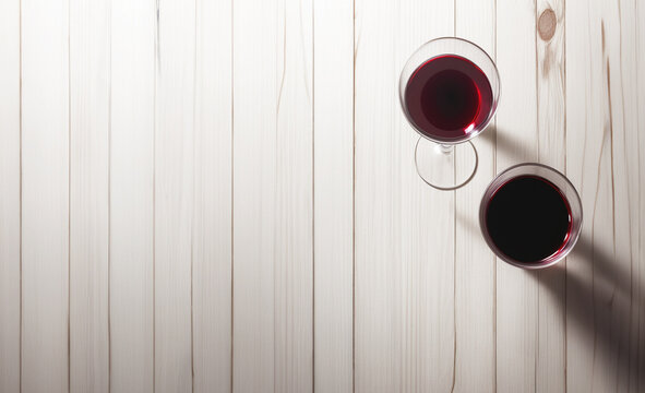 illustrazione con calice e bicchiere di vino rosso su superficie in legno rustico bianca, vista dall'alto, Generative Ai