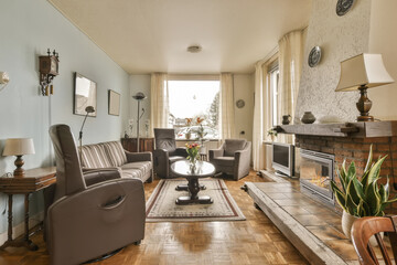 a living room with couches, chairs and a fire place in the middle part of the room is empty