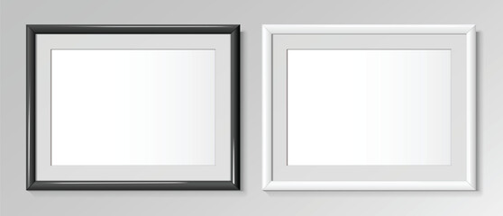 Two Realistic horizontal frames, Black and White colors. For an image A4. Posters on wall Mockup. Frames Design Template for Mockup. Vector illustration