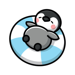 A CUTE BABY PENGUIN IS RELAXING ON A SWIMMING RUBBER VECTOR