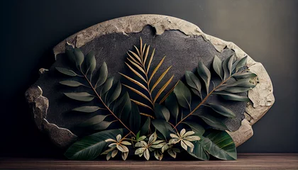 Foto op Canvas Stone board decoration liana branches and tropical leaves on a white background,Created with AI © SardarMuhammad