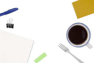 Clipped image of stationery, coffee and fork scattered about