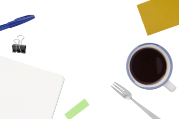 Clipped image of stationery, coffee and fork scattered about