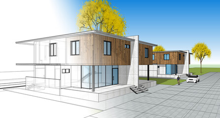 Fototapeta na wymiar architecture townhouse sketch 3D illustration