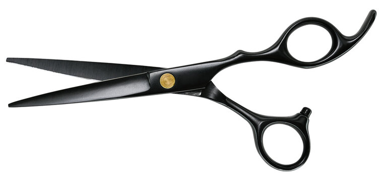Black professional hairdressing scissors isolated on a white background.