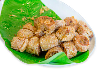 Top view of Deep Fried Crab Meat Rolls on white isolated, focus selective