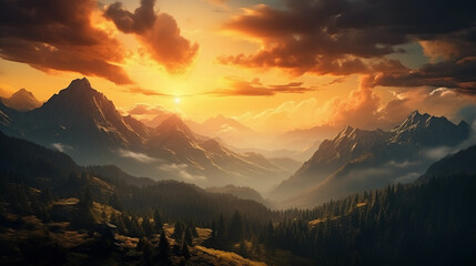 the sun rises between the mountains with a golden yellow light shining on the mountain peaks - Powered by Adobe