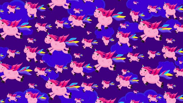 Pink rainbow cartoon unicorns flying on navy clouds sky background. Cute valentine's day animation good as backdrop for intro, party, television programme, presentation, etc... Seamless loop.
