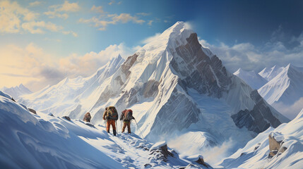 Fototapeta na wymiar Track record of climbers on a snowy mountainside
