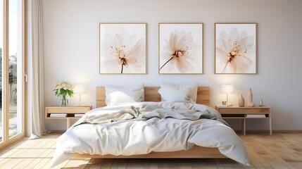 Interior design of modern bedroom with big art poster frame generative ai