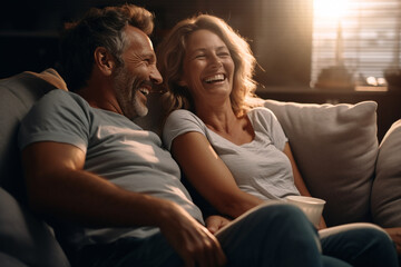 Romantic happy middle aged couple relaxing on couch at home, smiling loving mature spouses resting in cozy living room interior, embracing on sofa, enjoying weekend time together, Love affection
