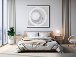 Fototapeta na wymiar Interior design of modern bedroom with big art poster frame generative ai