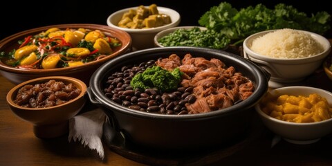  Feast of Flavors - Traditional Brazilian Feijoada - A Harmony of Feijoada, Farofa, English Sauce, Rice, and Covey - Delight in the Quintessential Brazilian Dish   Generative AI Digital Illustration