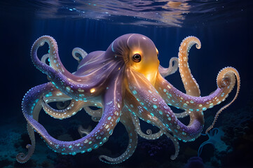 Luminescent octopus in the ocean