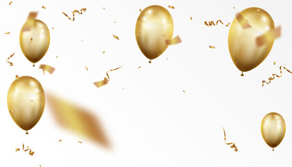 Golden falling confetti and balloons. Falling shiny golden streamers. Bright golden festive tinsel. Festive design elements for web banner, poster, flyer, invitation. Vector