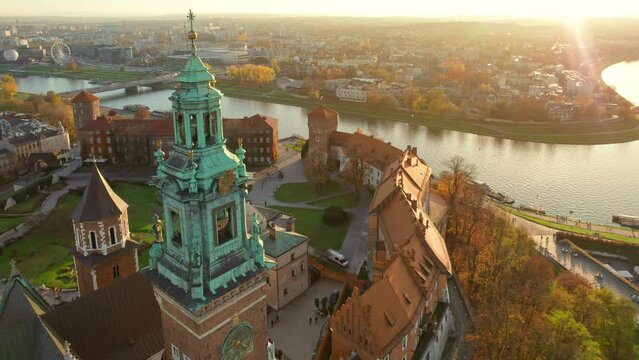 Historic royal Wawel castle in Cracow at sunset, Poland.
