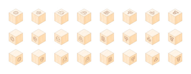 Checkmark line icons printed on 3D wooden blocks. Cube Wood. Isometric Wood. Vector illustration. Containing compliance, protection, good review, vote, approve, choose, deal, medal.