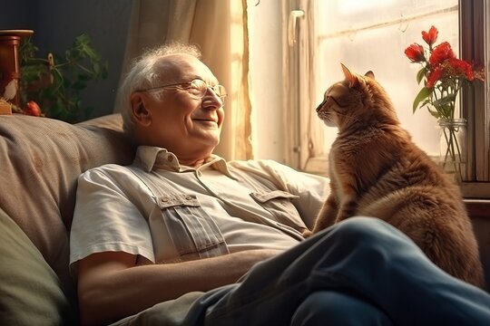Mature man with his red cat at home. He strokes t communicates with his friend.