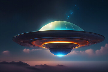 Naklejka na ściany i meble UFO flying over planet Earth, mountain. starry night sky background. saucer flies at night in sky. Invasion of extraterrestrial intelligence on an intergalactic ship. Alien abduction. Generative AI