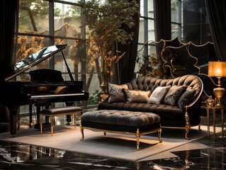 Luxury room with design furniture and golden elements generative ai