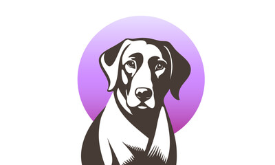 Vector graphic brown cute kind friendly labrador dog with lilac circle. White isolated background.