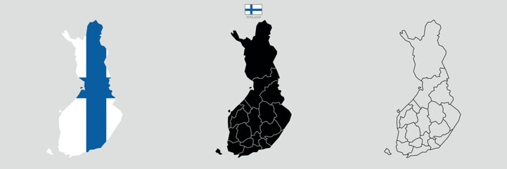 Three Finland map background with states. Finland map isolated on white background with flag. Vector illustration map europe