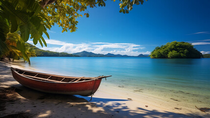 Fototapeta na wymiar Canoe on the tropical sandy beach, Generative Ai