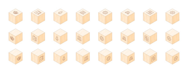 Checkmark line icons printed on 3D wooden blocks. Cube Wood. Isometric Wood. Vector illustration. Containing success, clipboard, choose, check, badge, select, easy installation.