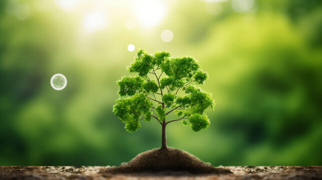 CO2 reducing icon with tree on greenery background for decrease CO2 , carbon footprint and carbon credit to limit global warming from climate change, Bio Circular Green Economy concept, Generative Ai