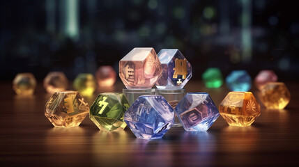 Crystal world with international currency sign include dollar Yen Yuan Euro Pound sterling Ruble Rupee for money transfer and forex exchange concept, Generative Ai