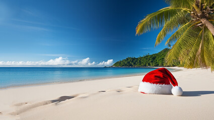 Fototapeta na wymiar Christmas card or background A Santa hat lies on beautiful tropical beach with palm trees, white sand and turquoise water on Maldives. Concept of perfect vacation. copy space Merry Christmas Holiday 