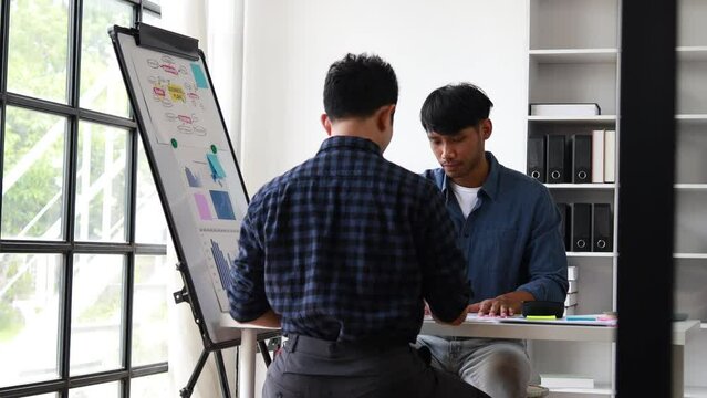 Atmosphere of a startup company meeting, business people are meeting together to summarize and plan investment finances, they are the founders of the company. Business administration concept.