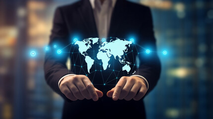 Businessman touching virtual human icon on world map for business CRM or Customer Relation Management and customer service concept by use social media technology, Generative Ai
