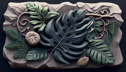 Foto op Canvas Stone board decoration liana branches and tropical leaves on a white background,Created with AI © SardarMuhammad
