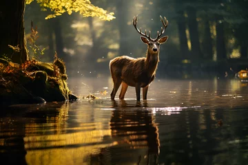 Selbstklebende Fototapeten deer in the lake. Generative AI.  © Fahad