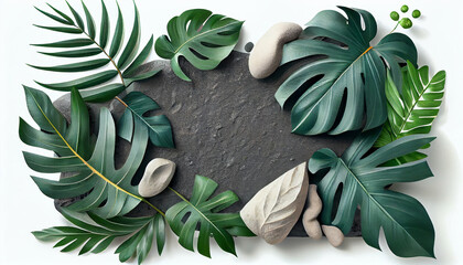 Naklejka na ściany i meble Stone board decoration liana branches and tropical leaves on a white background,Created with AI