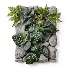 Stone board decoration liana branches and tropical leaves on a white background,Created with AI - obrazy, fototapety, plakaty