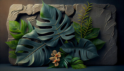 Stone board decoration liana branches and tropical leaves on a white background,Created with AI