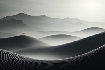 Paysage en noir et blanc, paisible et calme avec des dunes et un arbre, ia