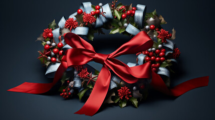 Festive holiday wreath with ribbon, Generative Ai