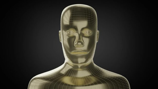 Golden metallic human face on dark background - 3D 4k animation (3840 x 2160 px)