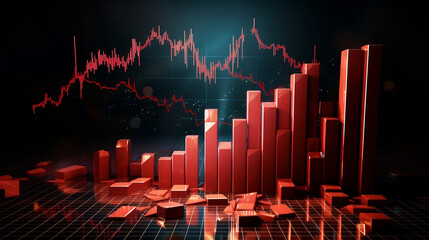 Financial crisis down 3d red arrow economy business graph on money crash market background with bankruptcy decrease bad finance chart diagram or loss investment economic recession sales, Generative Ai - obrazy, fototapety, plakaty