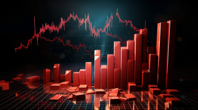 Financial crisis down 3d red arrow economy business graph on money crash market background with bankruptcy decrease bad finance chart diagram or loss investment economic recession sales, Generative Ai